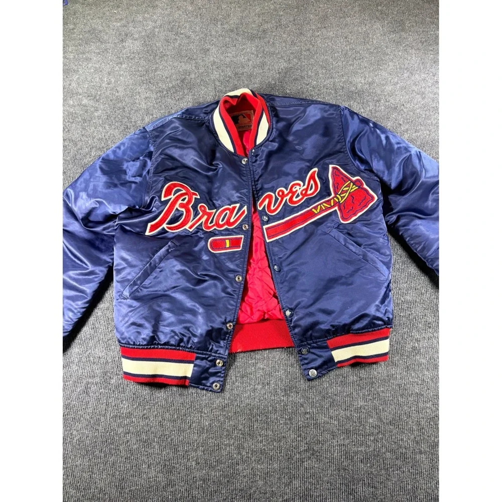 Vintage Starter Atlanta Braves Satin Bomber Jacket Navy Blue MLB Mens Medium USA